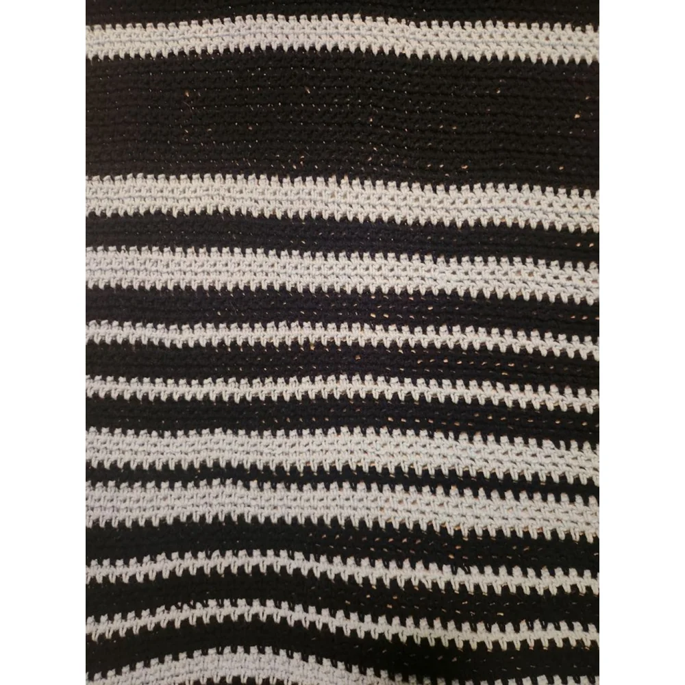 Vintage Crocheted Navy & Lt Blue Striped 100%Cotton Yarn Throw Blanket 36x74in